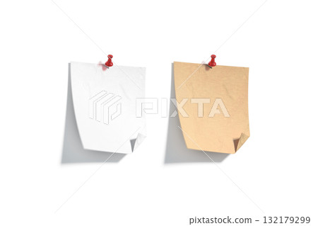 Blank white and craft pinned paper note folded mockup, isolated 132179299