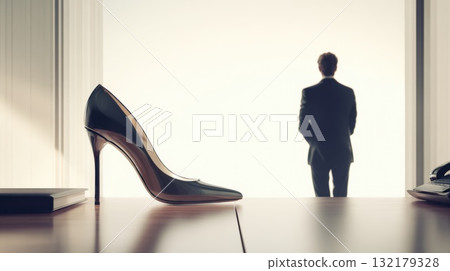 Elegant Office Scene With High Heels And Silhouette Of A Businessman In Bright Backlit Light Elegant Office Scene With High Heels And Silhouette Of A Businessman In Bright Backlit Light 132179328