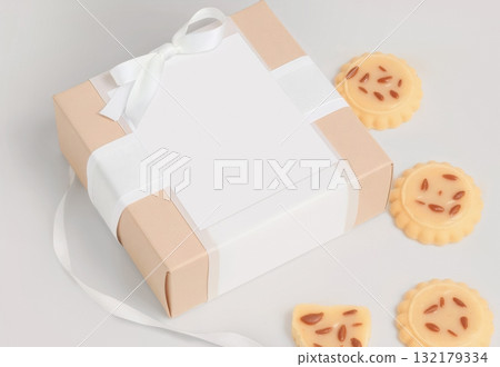 Chocolate cookie with craft gift pack mockup, ai generated Chocolate cookie with craft gift pack mockup, ai generated 132179334