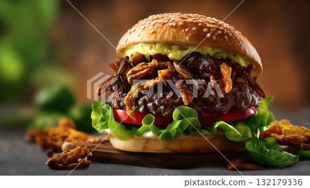 Beef burger with edible insects, ai generated 132179336