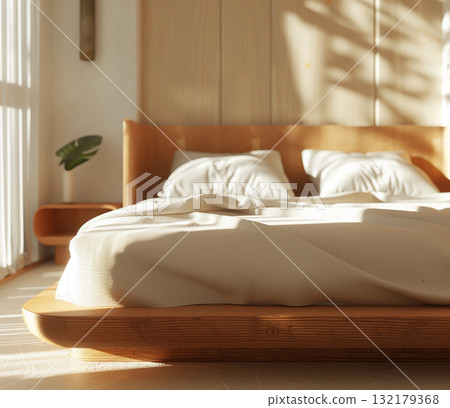 Modern bed with wooden frame and white bedding Modern bed with wooden frame and white bedding 132179368