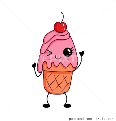 Pink ice cream kawaii character with cherry on top Pink ice cream kawaii character with cherry on top 132179402