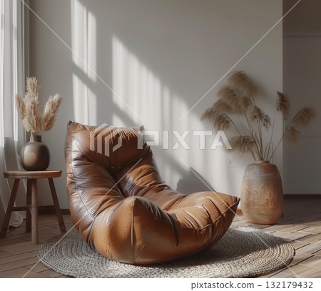 Modern leather chair in sunlit living room Modern leather chair in sunlit living room 132179432