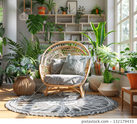 Modern living room with wicker chair and plants 132179433