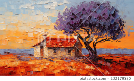 Impressionist art sunset landscape with a cottage and tree 132179580