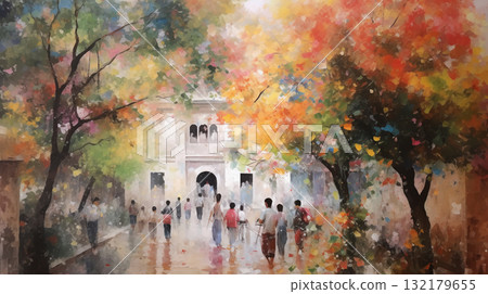 Summer street scene in impressionist art style 132179655