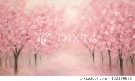 Impressionist art summer landscape with pink blossoms 132179656