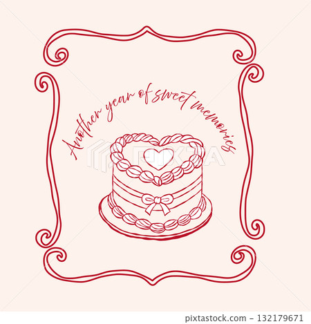 Whimsical coquette birthday or valentine card with cake Whimsical coquette birthday or valentine card with cake 132179671