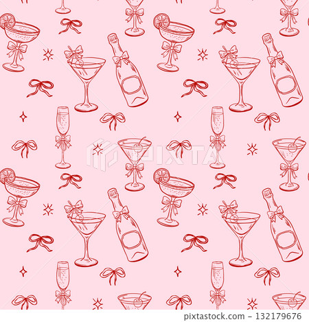 Seamless coquette drink pattern with cocktails and champagne Seamless coquette drink pattern with cocktails and champagne 132179676