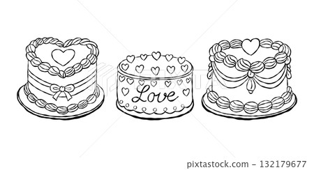 Hand drawn outline cakes with heart and bow 132179677