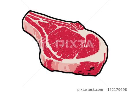 Raw ribeye steak with bone shown in bold cartoon style illustration on white background, representing fresh meat, protein, and cooking concept 132179698