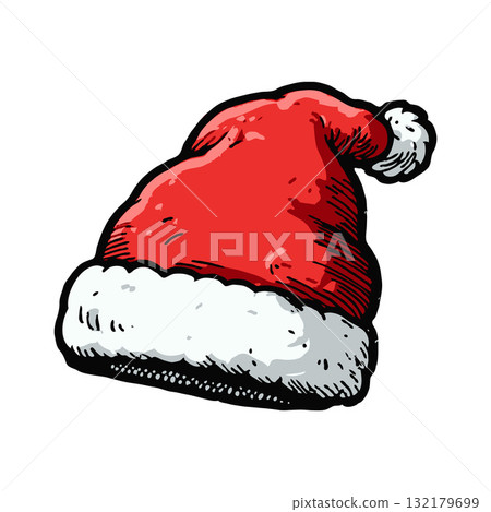 Classic red Santa Claus hat with white fur trim in hand-drawn sketch style, isolated on plain white background, symbol of Christmas festivity Classic red Santa Claus hat with white fur trim in hand-drawn sketch style, isolated on plain white background, symbol of Christmas festivity 132179699