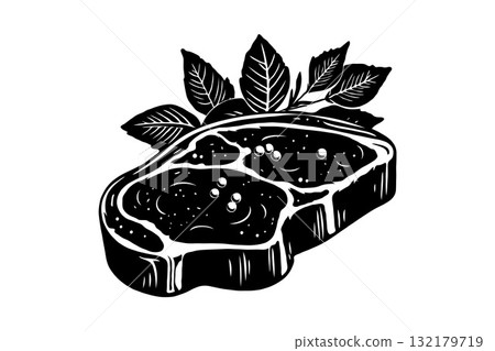 Hand-drawn illustration of a raw steak with peppercorns and herbs in black and white style on a white background, symbolizing cooking or food Hand-drawn illustration of a raw steak with peppercorns and herbs in black and white style on a white background, symbolizing cooking or food 132179719