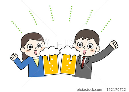 Hand-drawn illustration of men and women toasting with beer (party/drinking party) 132179722