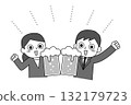 Monochrome hand-drawn illustration of men and women toasting with beer (party/drinking party) 132179723