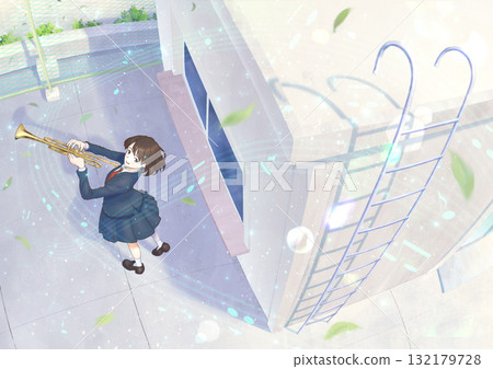 Brass band playing trumpets on the school rooftop_Characters and flares, leaves, musical notes effects 132179728