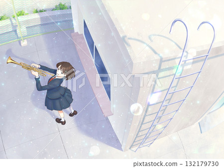 Brass band playing trumpets on the school roof_Chara and Flare Brass band playing trumpets on the school roof_Chara and Flare 132179730