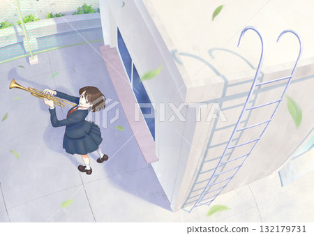 Brass band playing trumpets on the school roof_Characters and leaves 132179731