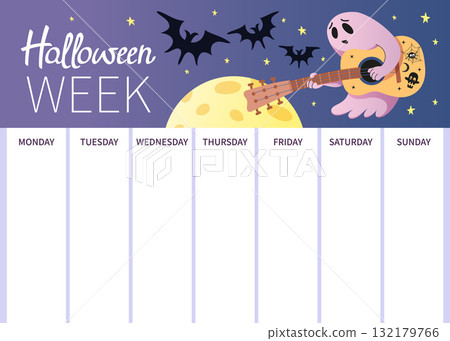 Weekly Halloween planner with blank day columns. Cute ghost with guitar, moon, bat and star on purple night sky. For print, classroom, family schedule, party plan, event note. Vector illustration. 132179766