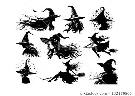Silhouettes of witches wearing pointed hats with long flowing hair in different poses on white background, concept of Halloween and fantasy magic Silhouettes of witches wearing pointed hats with long flowing hair in different poses on white background, concept of Halloween and fantasy magic 132179805