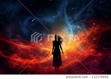 silhouette of a woman against the background of a nebula in space, standing with her back, light effects, nebula, stars and galaxy 132179848