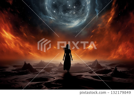 silhouette of a woman against the background of a nebula in space, standing with her back, light effects, nebula, stars and galaxy 132179849