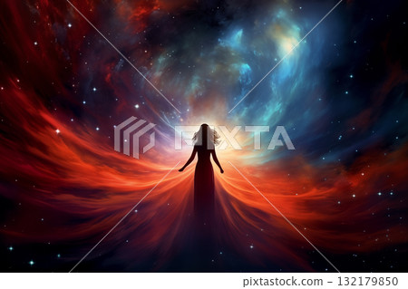 silhouette of a woman against the background of a nebula in space, standing with her back, light effects, nebula, stars and galaxy 132179850