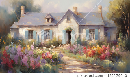 Cottage garden in summer light impressionist painting 132179940