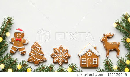 Top view of assorted Christmas gingerbread cookies (man, tree, snowflake, house, reindeer) with fir branches border. Top view of assorted Christmas gingerbread cookies (man, tree, snowflake, house, reindeer) with fir branches border. 132179949