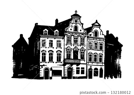 Old European-style buildings drawn in hand-drawn black ink sketch style on white background, concept of architectural heritage Old European-style buildings drawn in hand-drawn black ink sketch style on white background, concept of architectural heritage 132180012
