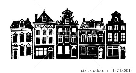 Row of hand-drawn vintage European buildings in black ink style on white background, concept of old town architecture streetscape 132180013
