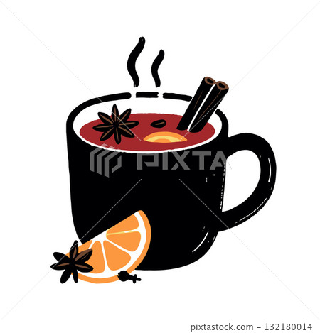 A hot drink in a black mug with cinnamon sticks, star anise, orange slice and cloves in a flat style on a white background, concept of cozy beverage 132180014