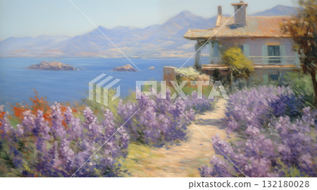 Coastal house with lavender and mountain view landscape Impressionist painting 132180028