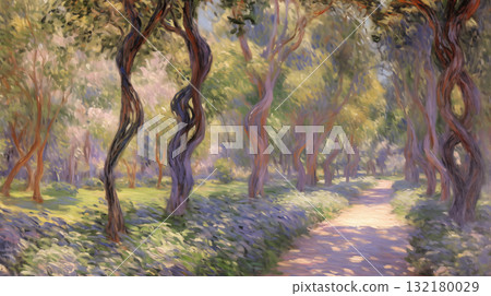 Summer path through twisted trees landscape Impressionist painting 132180029