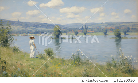 Woman walking by a river on a summer day Impressionist painting 132180030
