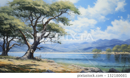 Summer landscape with trees and lake Impressionist painting Summer landscape with trees and lake Impressionist painting 132180081