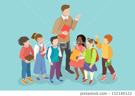 3D Isometric Flat Vector Illustration of Pedagogue With Pupils, Teacher With Children 132180122