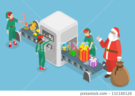3D Isometric Flat Vector Illustration of Christmas Gift Factory, Elves Helping Santa In Gift And Toy Preparing 132180126