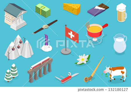 3D Isometric Flat Vector Illustration of Switzerland, Banner Design For Travelling Purposes 3D Isometric Flat Vector Illustration of Switzerland, Banner Design For Travelling Purposes 132180127