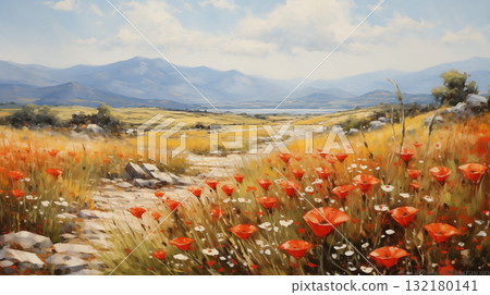 Summer poppy field in mountain valley landscape impressionist art 132180141