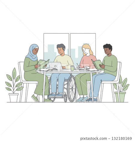 diverse group of students working together at a table. Inclusive education concept with people of different backgrounds, including a person in a wheelchair, reading and studying . Vector illustration 132180169