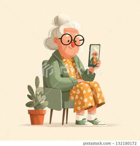 an elderly woman in glasses making a video call with her smartphone while sitting in a chair. communication, connection, technology use for seniors, staying in touch with family. Vector illustration an elderly woman in glasses making a video call with her smartphone while sitting in a chair. communication, connection, technology use for seniors, staying in touch with family. Vector illustration 132180172