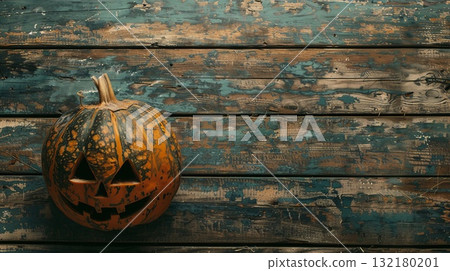The Halloween pumpkin is orange and has a spooky. A carved pumpkin with a smiley face on it sits on a wooden table. Space for text 132180201