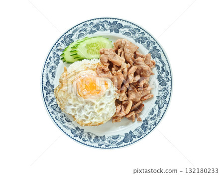 Garlic and Pepper Pork  egg with Rice  white background. top view.  132180233