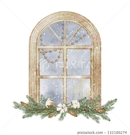 Watercolor illustration of frosty wooden window with pine branches, cotton flowers, and candles. Drawing for Christmas greeting cards, winter New Year invitations, and cozy festive compositions. Watercolor illustration of frosty wooden window with pine branches, cotton flowers, and candles. Drawing for Christmas greeting cards, winter New Year invitations, and cozy festive compositions. 132180274