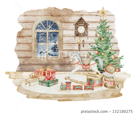 Watercolor illustration of cozy wooden room with Christmas tree, toys, and gifts. Drawing of vintage festive scene for holiday Christmas greeting cards, New Year invitations or posters. Art of room. 132180275