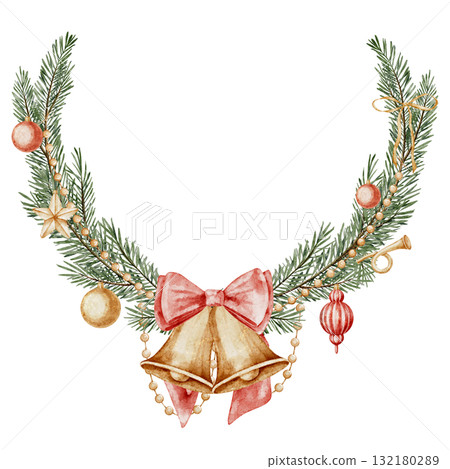 Watercolor Christmas wreath with bells, ribbons, and pine branches. Illustration of round Border for holiday Xmas cards, New Year invitations and posters. Art of Template with fir tree and ornaments. Watercolor Christmas wreath with bells, ribbons, and pine branches. Illustration of round Border for holiday Xmas cards, New Year invitations and posters. Art of Template with fir tree and ornaments. 132180289