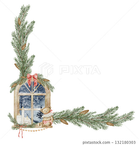 Watercolor composition with arched window, teddy bear, and pine branches forming a festive corner frame. Drawing of Border for Christmas greeting cards, New Year invitations or winter templates. 132180303