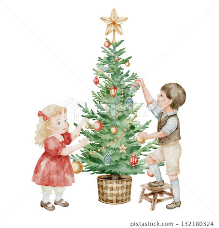 Watercolor illustration of children decorating Christmas tree with ornaments and garlands. Art with boy and girl for Xmas greeting cards, New Year invitations, posters, and holiday templates. Watercolor illustration of children decorating Christmas tree with ornaments and garlands. Art with boy and girl for Xmas greeting cards, New Year invitations, posters, and holiday templates. 132180324