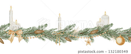 Seamless Border with pine or spruce branches and candles. Illustration of Pattern with fir tree, cones and Christmas ornaments for Xmas greeting cards or New Year invitations. Art for banner. 132180349